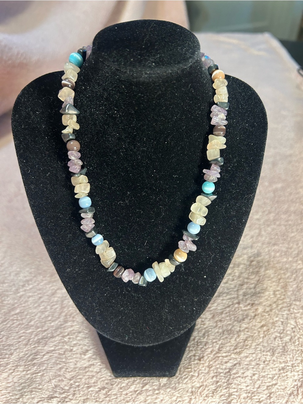 Pastel Multi-Stone Bead Necklace in Blue, Cream, Purple and Brown